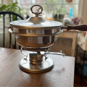 Silver Chafing Dish with Lid and Wooden Handle - Elegant Serveware